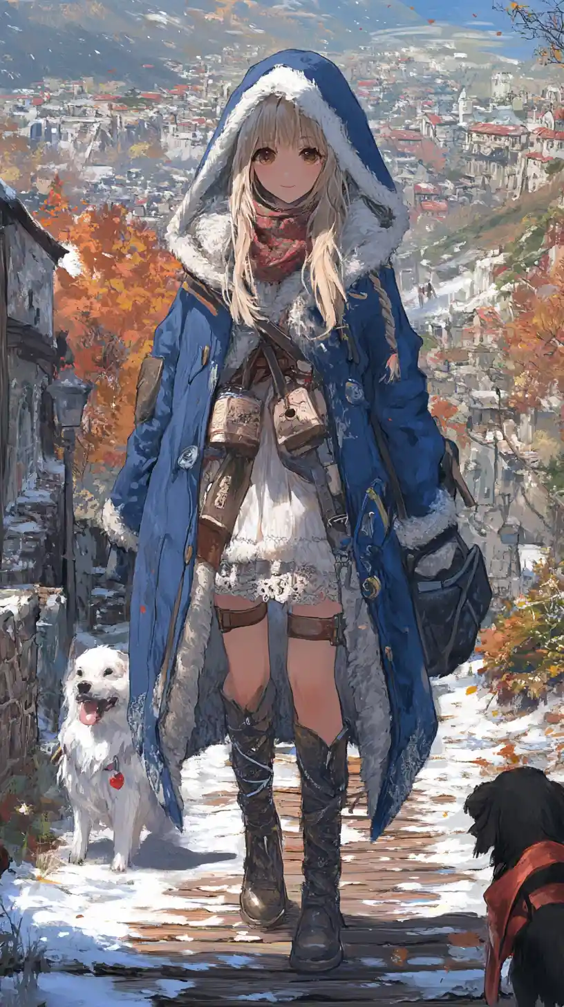 사슬로 봉인된 동굴 앞 푸른 코트를 걸친 불길한 애니메이션 소녀