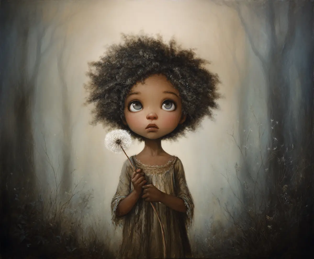 Young child holding dandelion at edge of misty forest