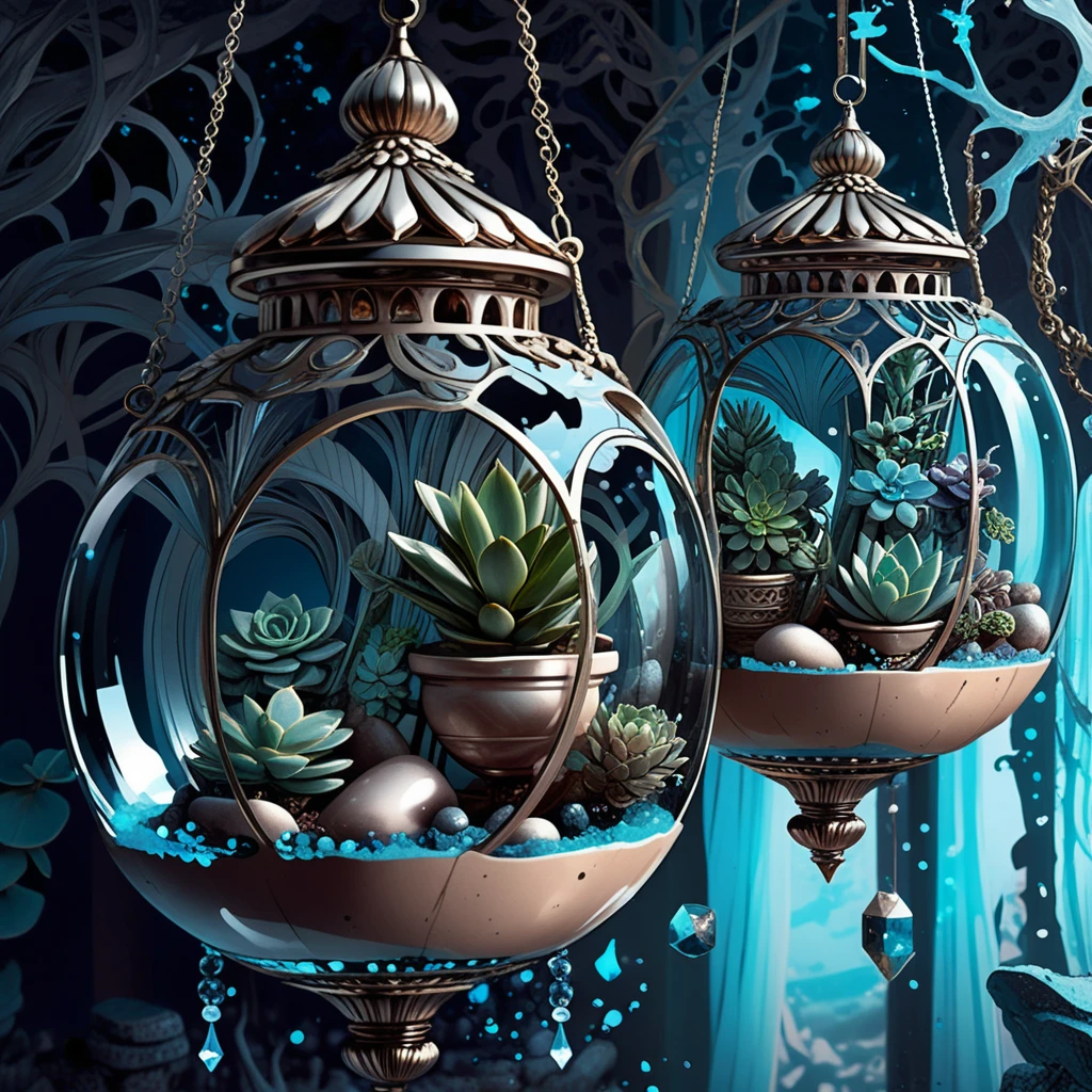 Mystical glass terrarium of succulents and gemstones