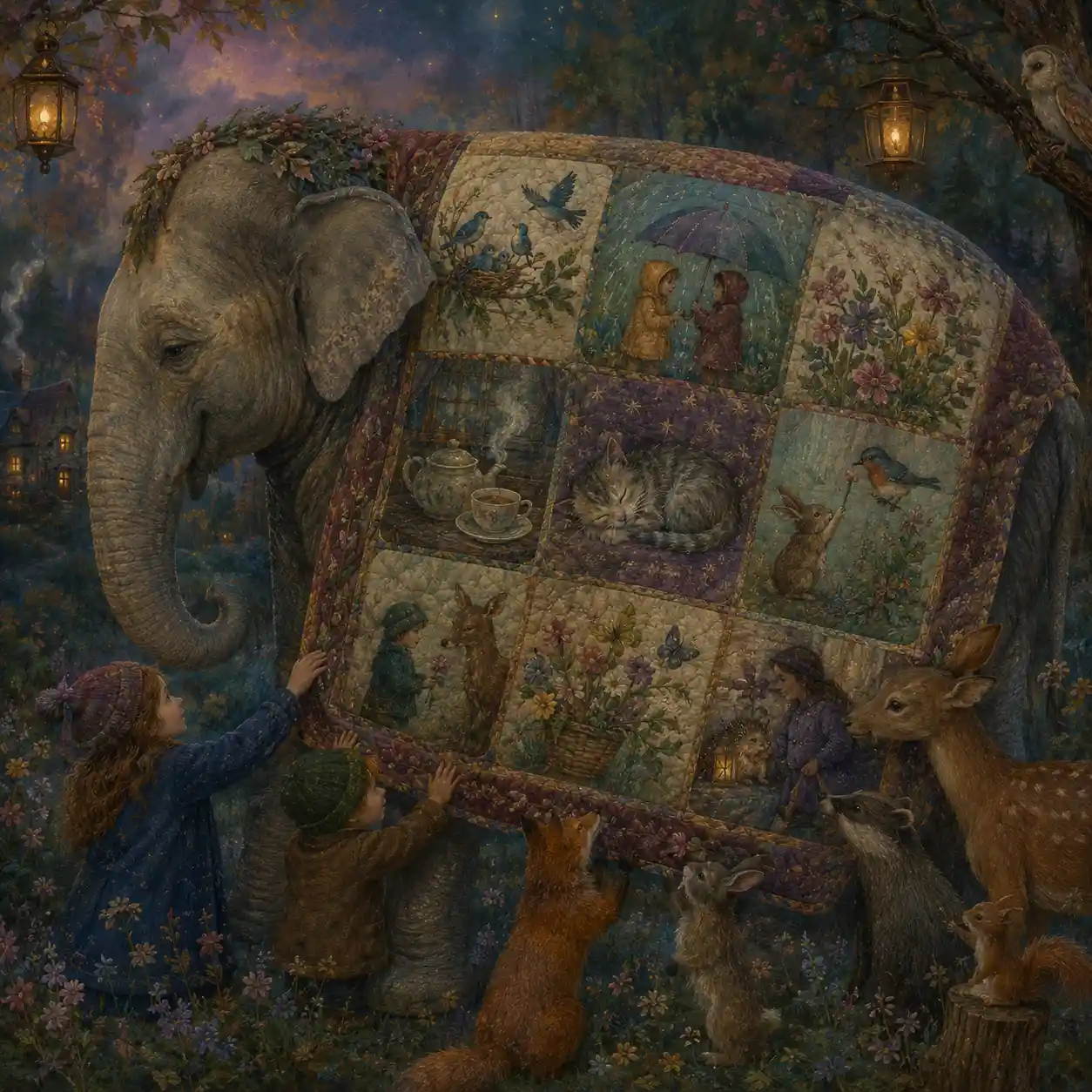 Dolce elefante che porta una coperta di storie attraverso la foresta