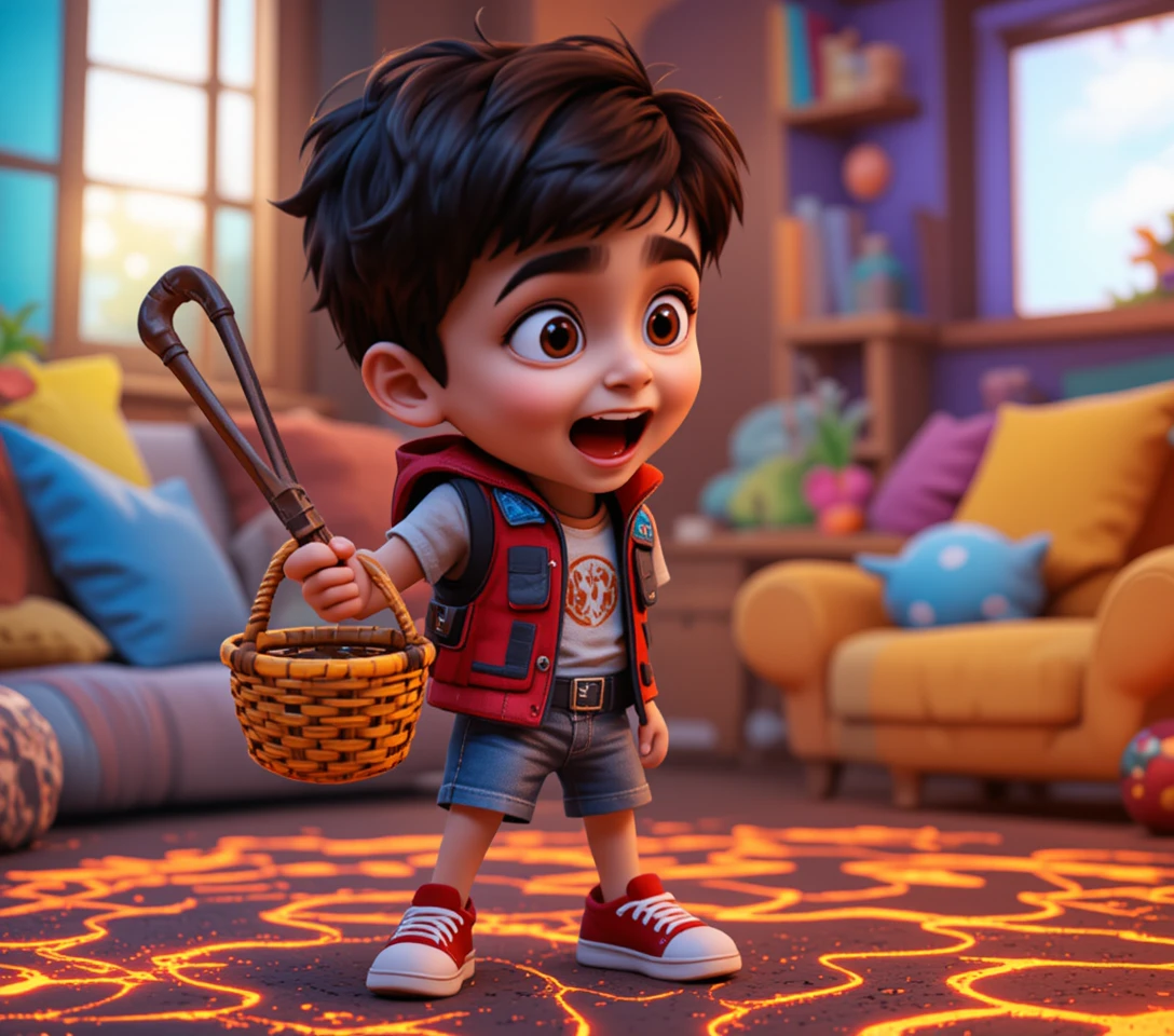 Energetic 3D boy hero leaping over glowing lava floor