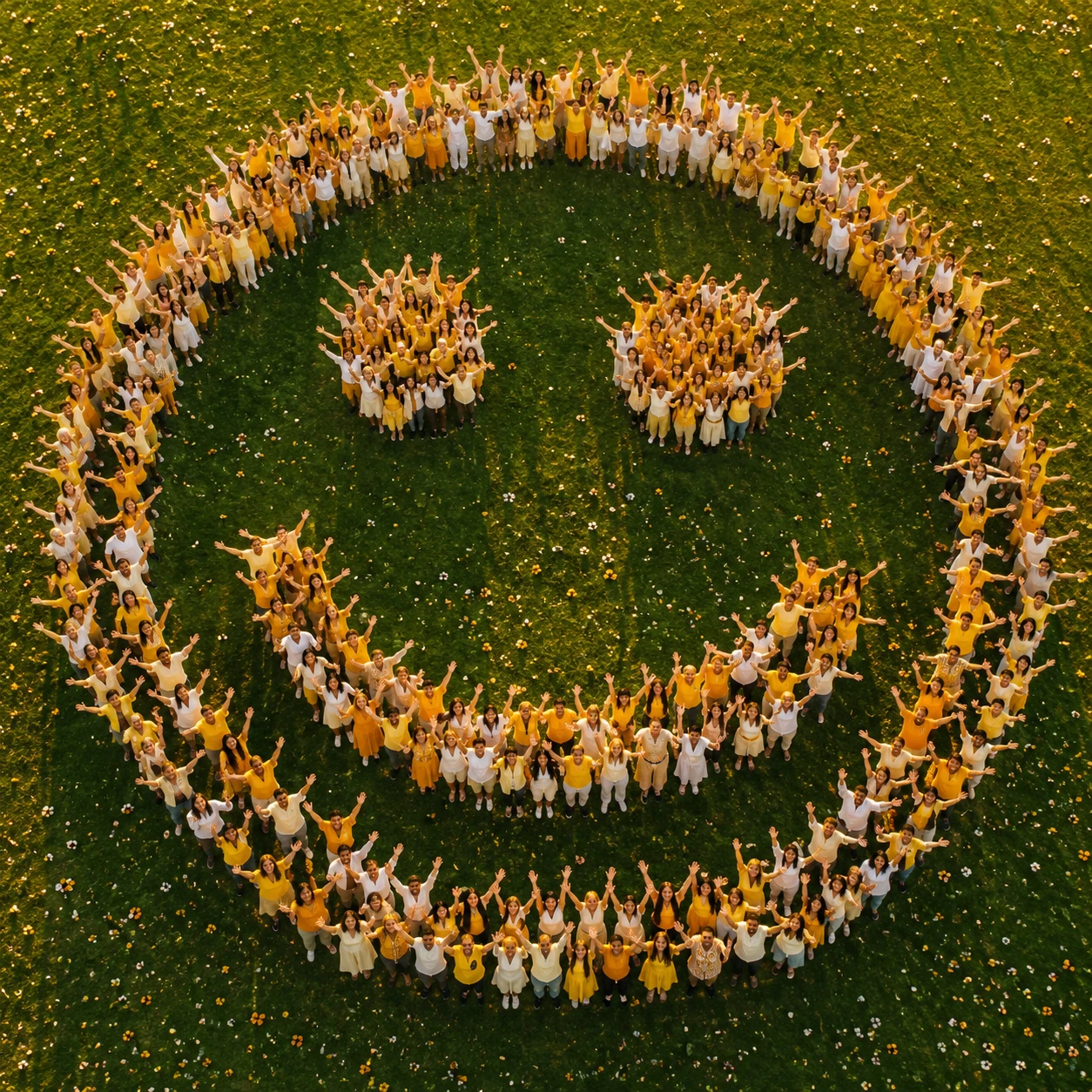 Multitud aérea formando una carita sonriente gigante en un césped verde