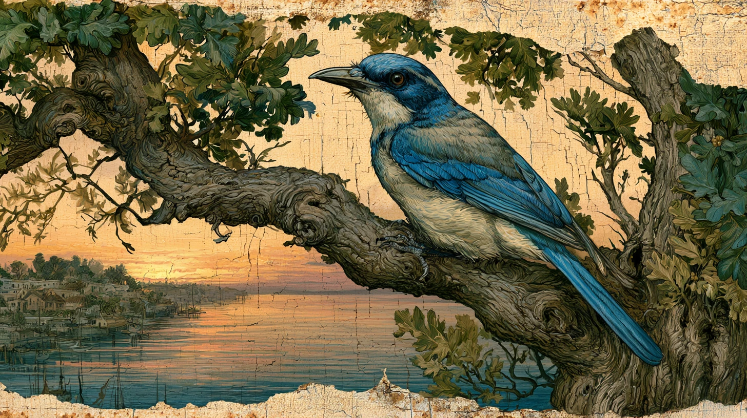 Blue jay on an oak branch in an art nouveau oil painting