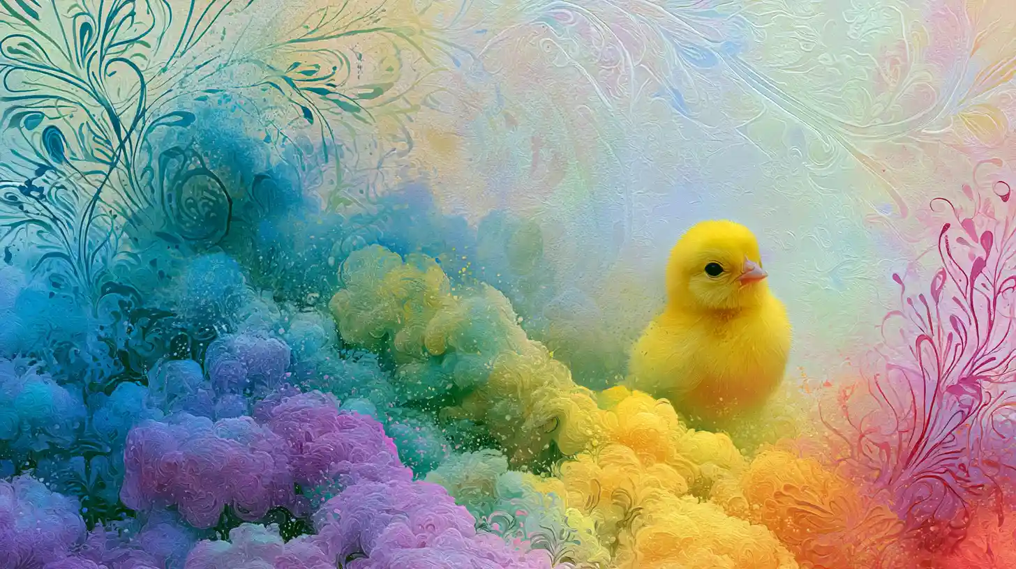 Yellow chick with colorful powder in pastel abstract background
