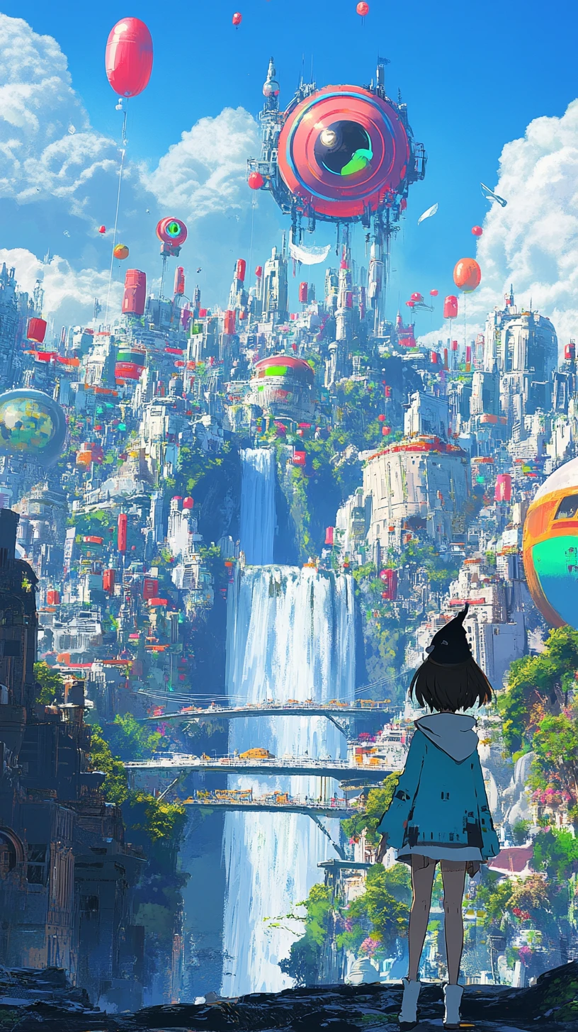 Anime girl in blue coat facing a pixelated fantasy city