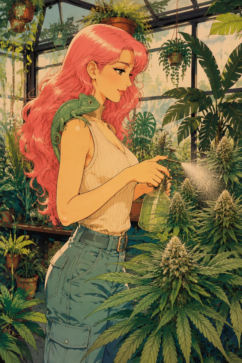 Mujer de anime rociando cannabis en un invernadero frondoso