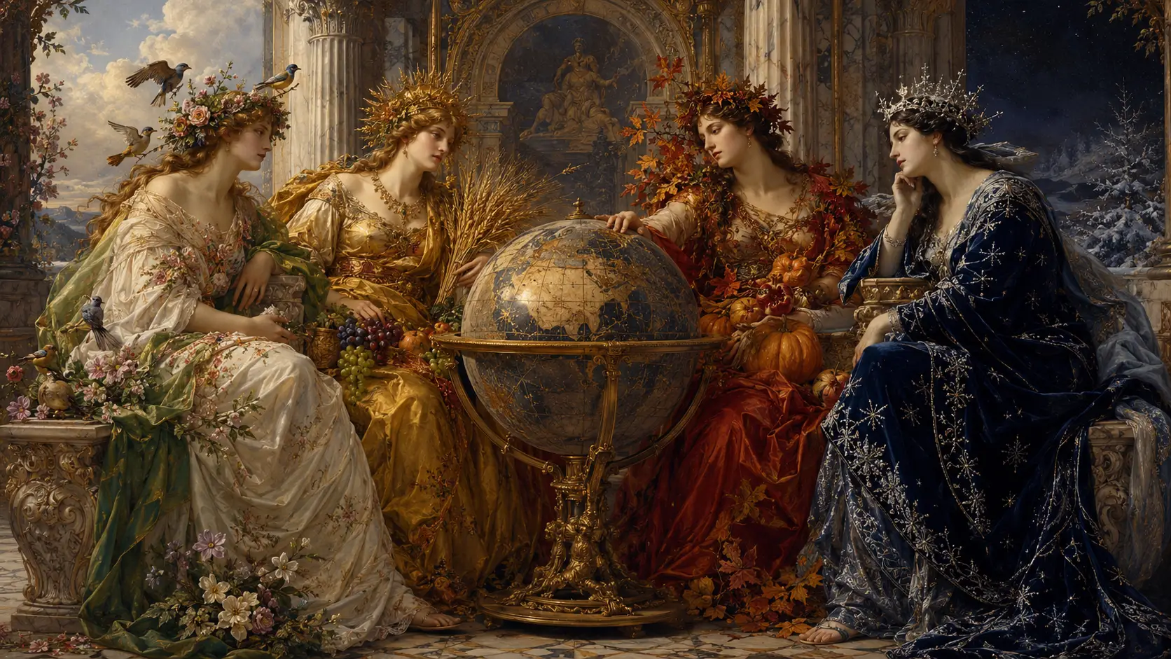 Four Seasonal Queens Around An Ancient Celestial Globe