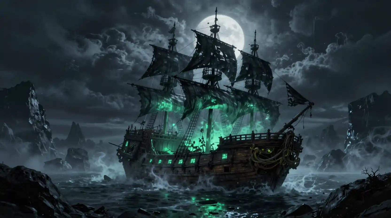 Naufragio de barco pirata fantasmal brillando en una cala tormentosa a medianoche