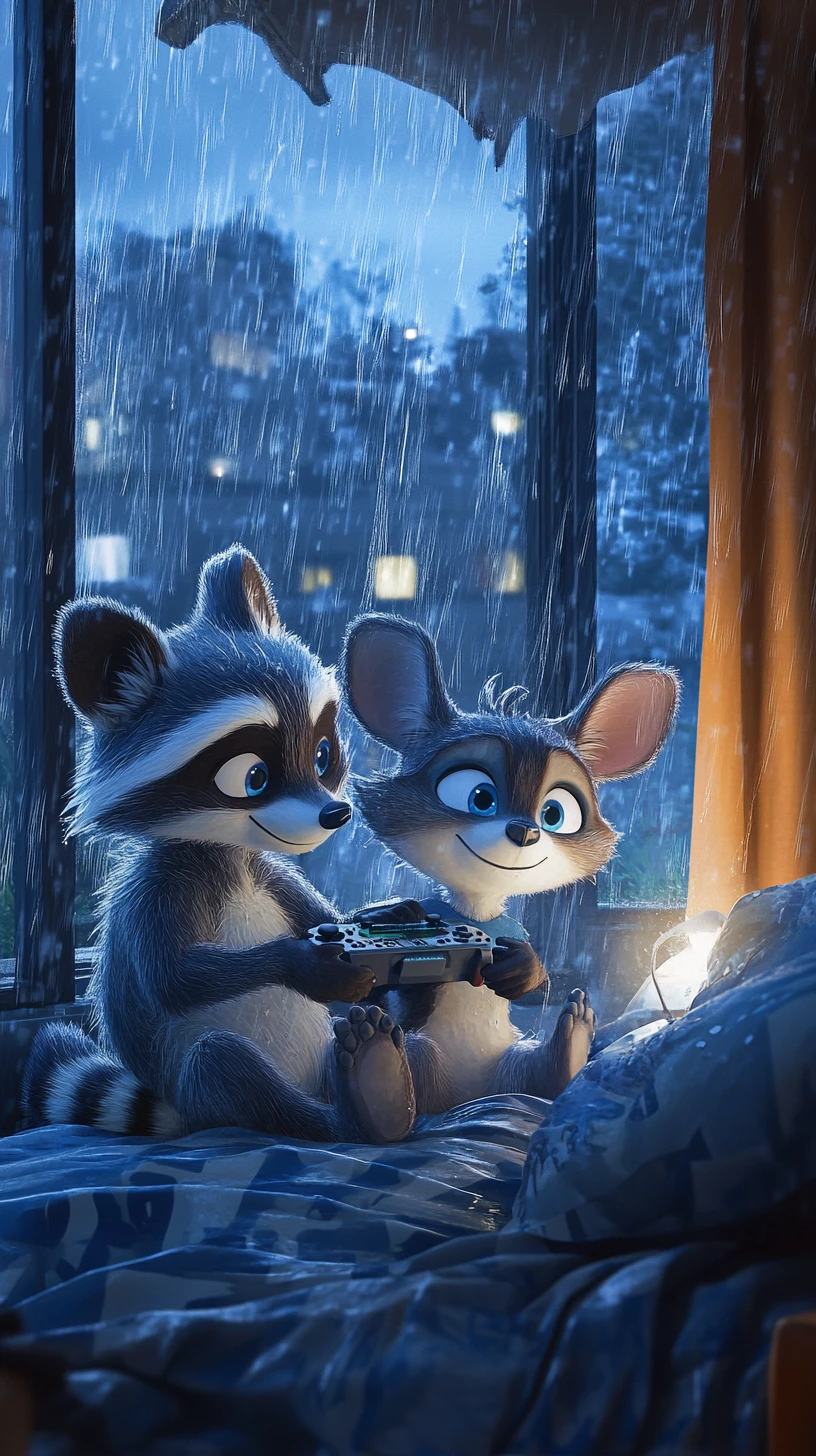 Raccoon And Kangaroo Gaming At A Cozy Rainy Sleepover