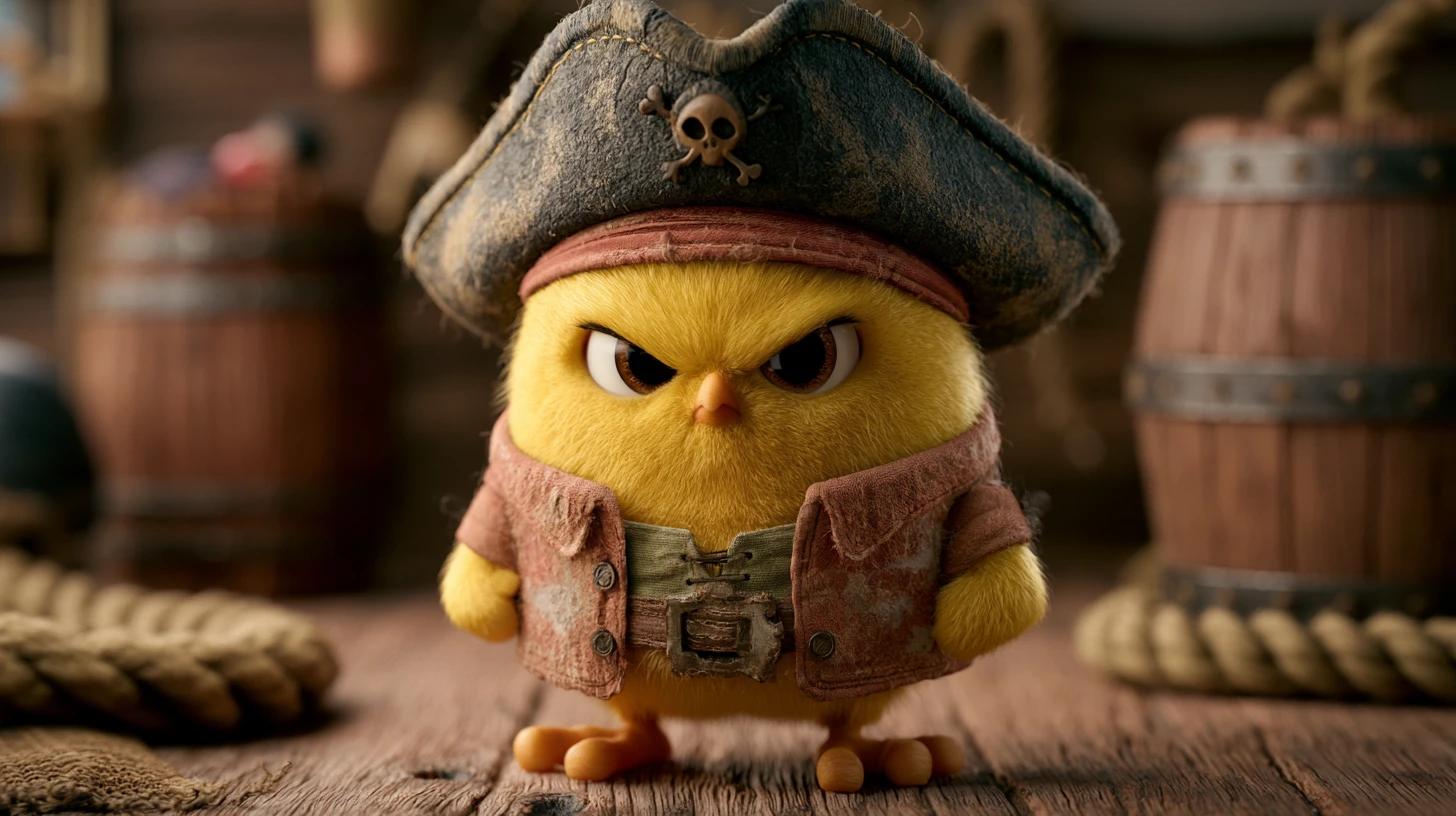 Pollito pirata amarillo enfadado dentro de un camarote de barco de madera