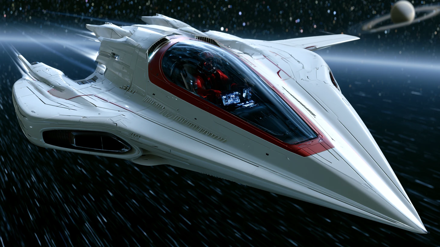 Sleek white spaceship racing through distant outer space