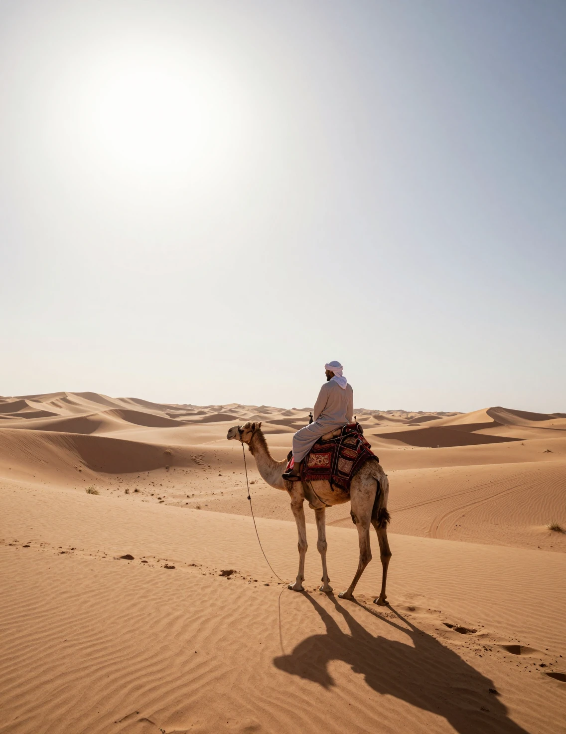 Beduino montando un camello entre dunas de desierto bañadas por el sol