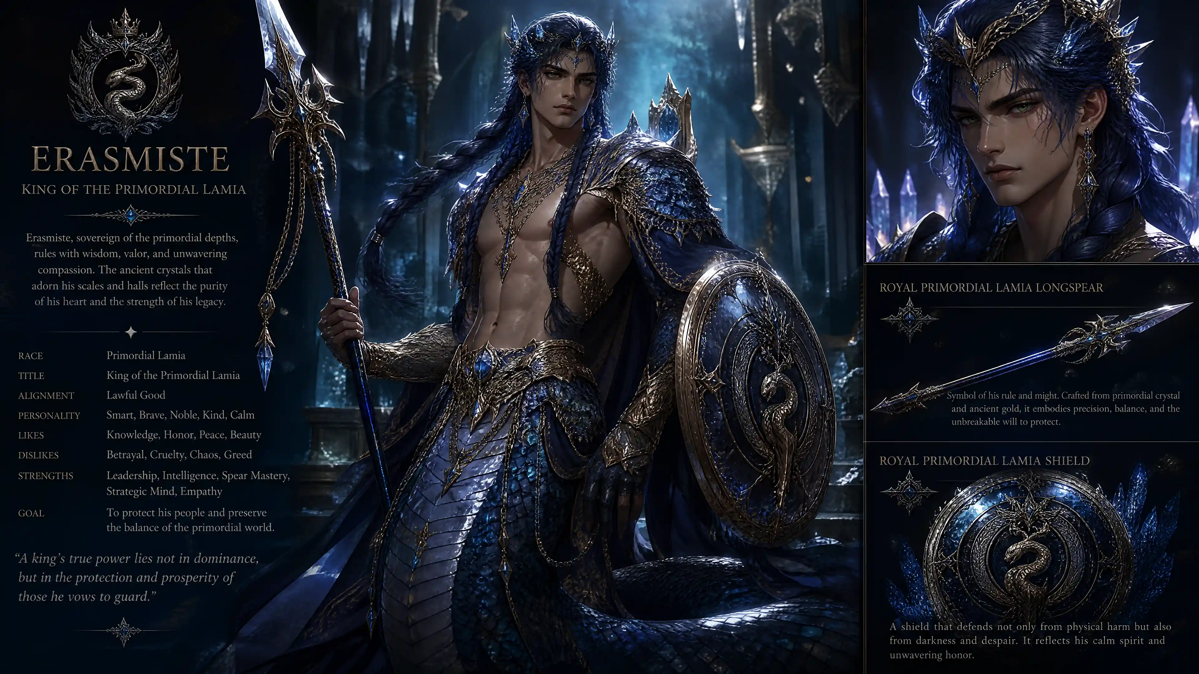 Regal crystal scaled lamia king with sapphire braided hair