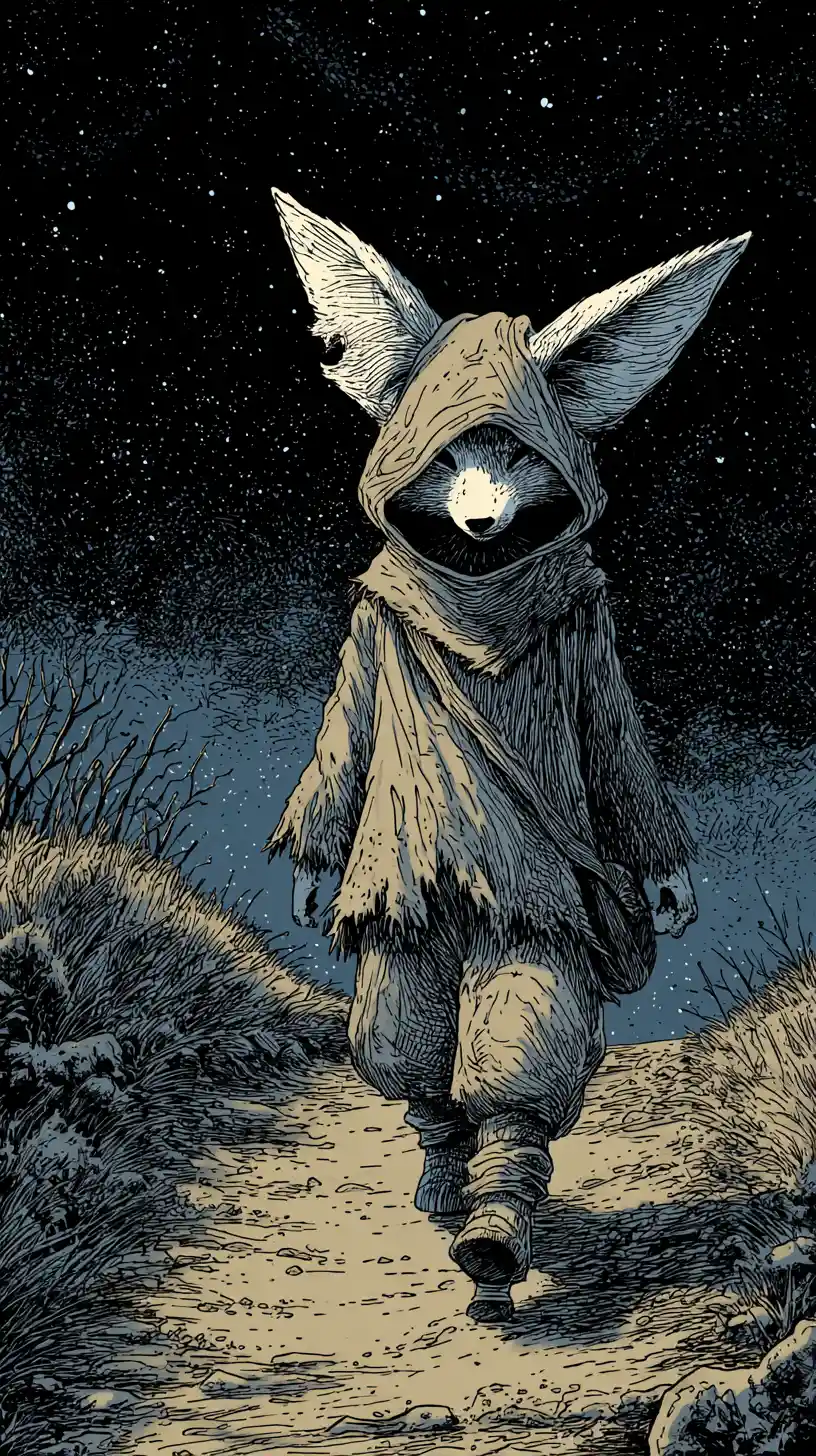 Anthropomorphic fox wanderer on a lonely night path