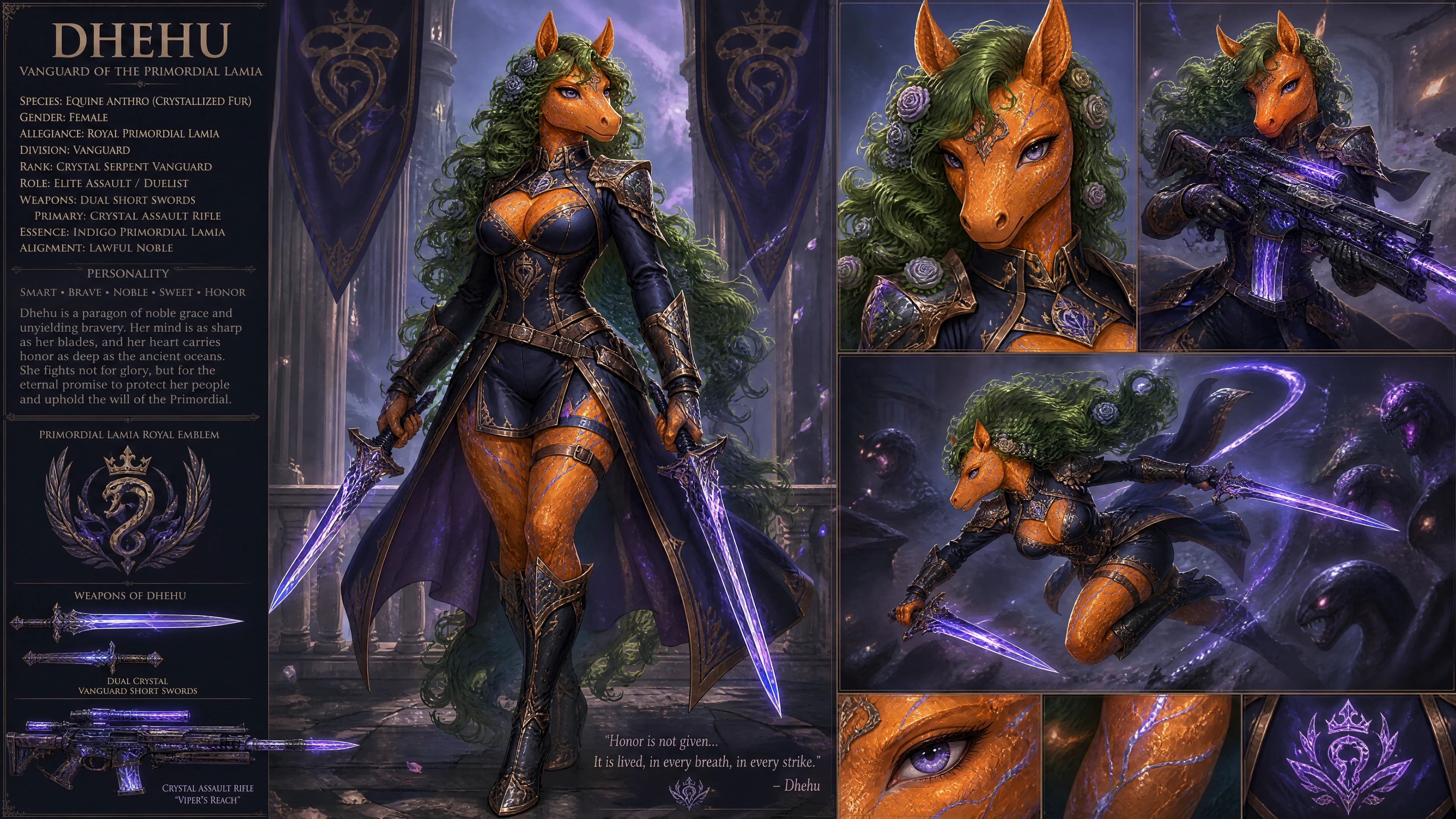 Noble guerrera de pelaje de cristal con espadas y rifle