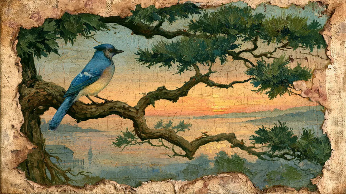 Ghiandaia azzurra su ramo di quercia antica al tramonto in dipinto a olio