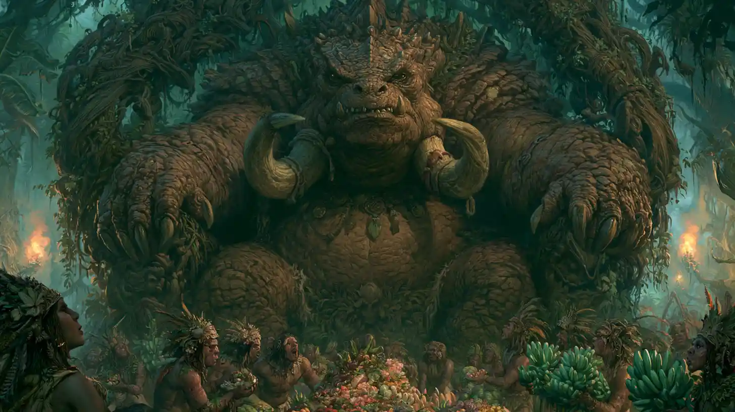 Reptilian jungle tyrant worshiped by fearful villagers
