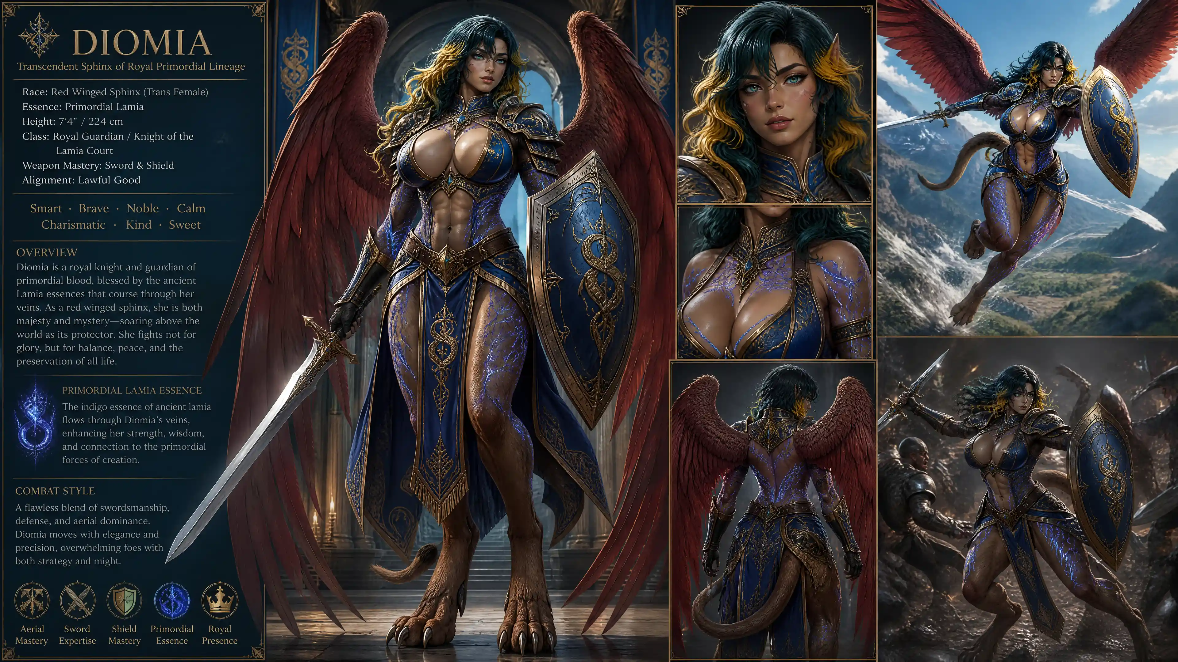 Tall red winged sphinx warrior woman in knight uniform