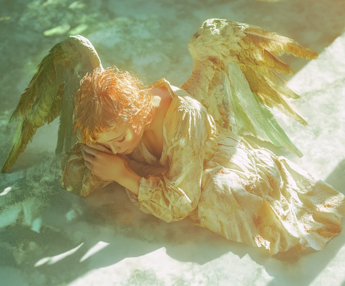 Mujer angelical surrealista descansando en la suave sombra de verano
