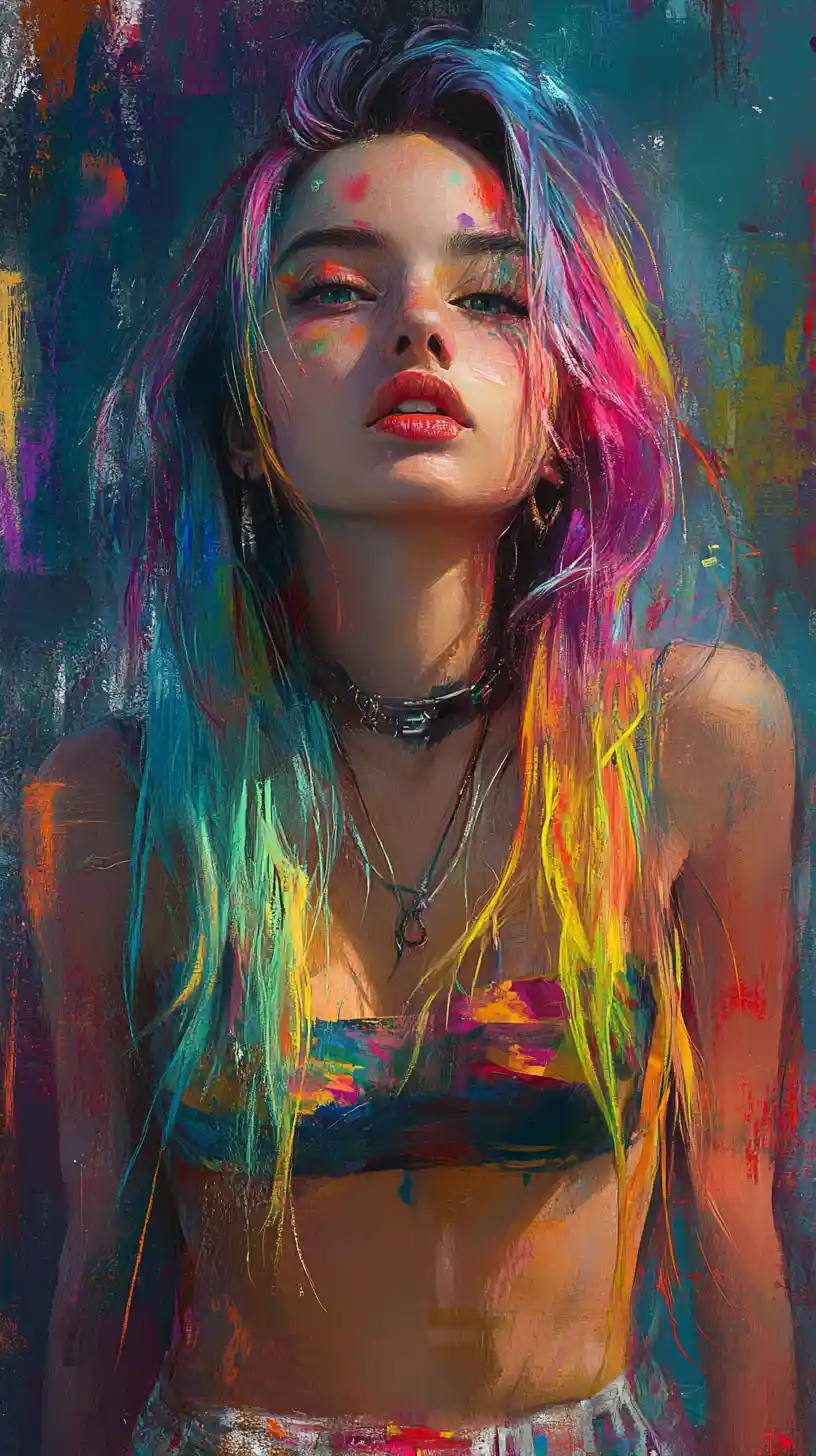 Young woman with multicolored hair in bright fashionable outfit