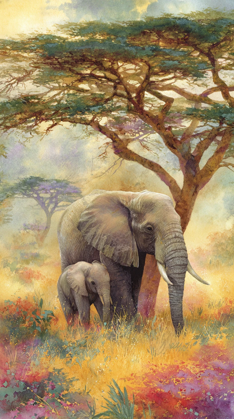Madre elefante e cucciolo sotto un'acacia illuminata dal sole
