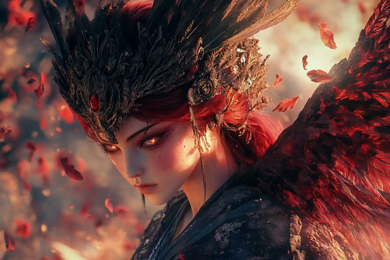 Mujer angelical de piel oscura en un paisaje japonés surrealista