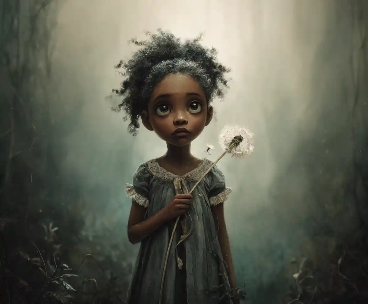 Young child with dandelion at edge of misty forest