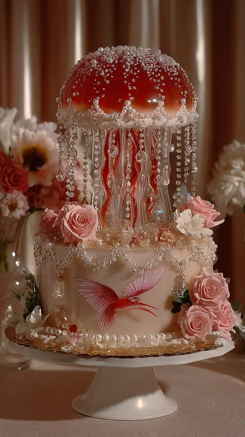 Pastel artístico de medusa con diseño de colibrí y flores