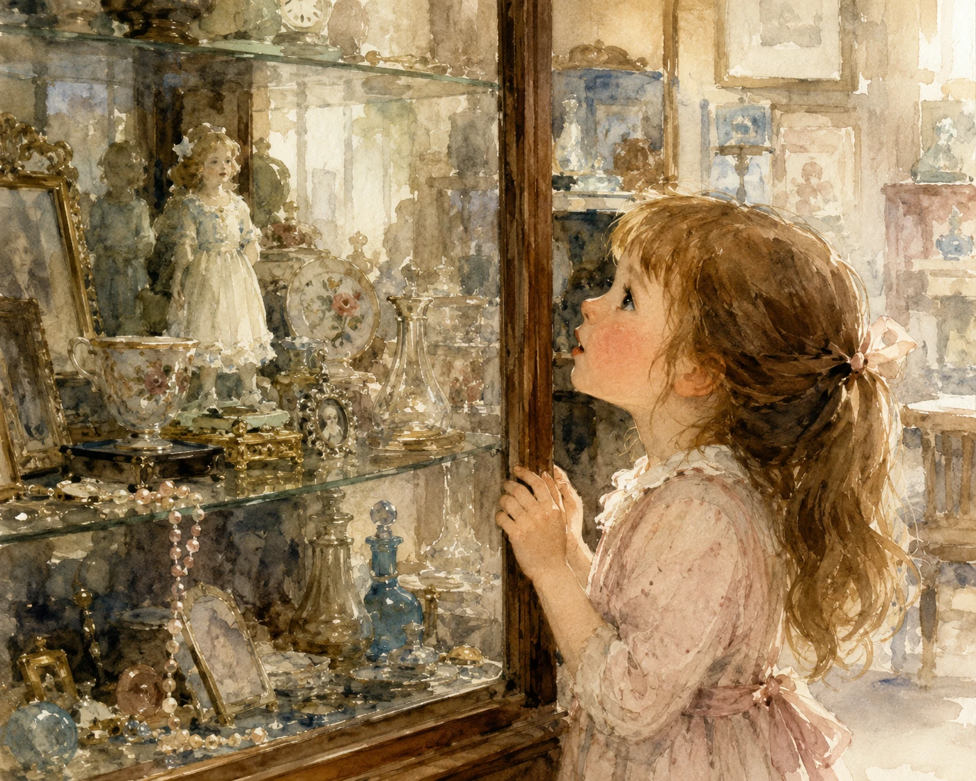 Niña observando un aparador de curiosidades vintage en acuarela