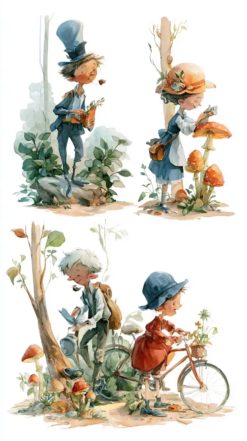 Aquarell-Freundschaftsszene mit zwei skurrilen Cartoonfiguren