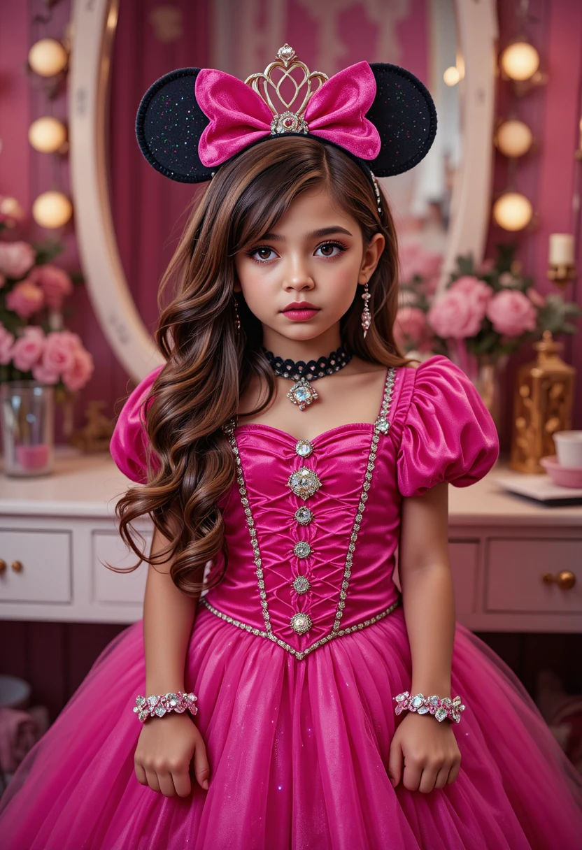 Niño hispano nervioso con disfraz de princesa junto a un tocador