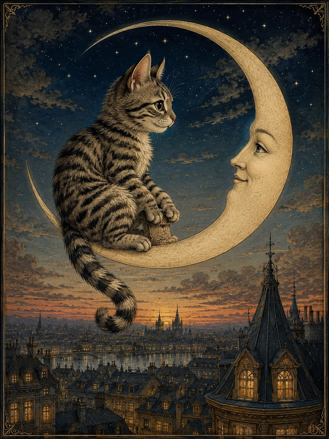Gato fantástico descansando en una luna creciente sobre la ciudad