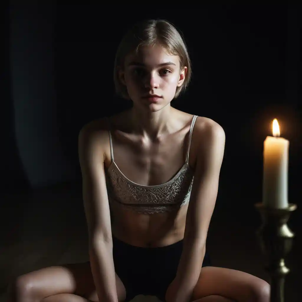 Joven arrodillada en estudio oscuro con tenue luz de vela