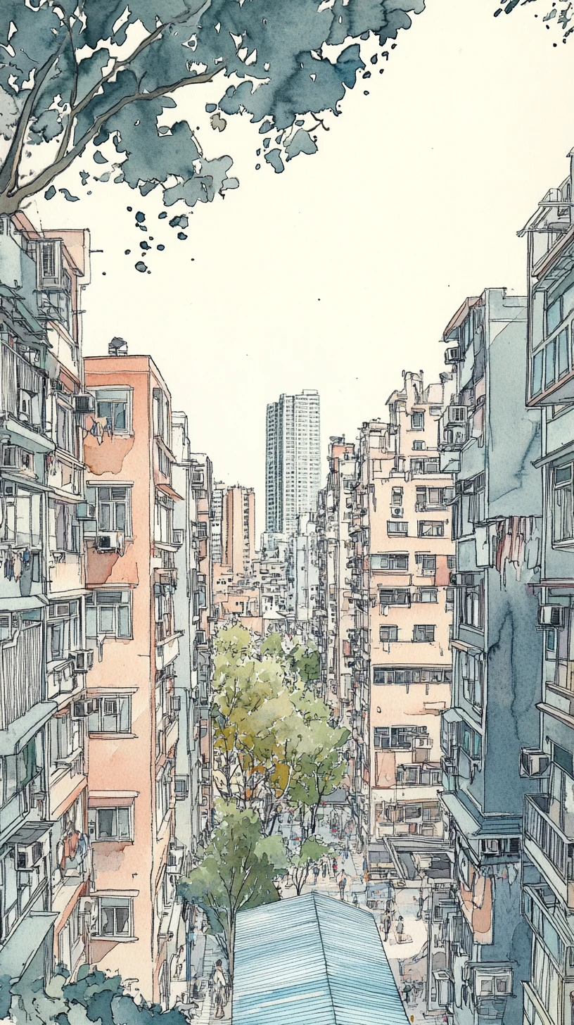 Cañón urbano de ensueño en acuarela con edificios de apartamentos en tonos pastel