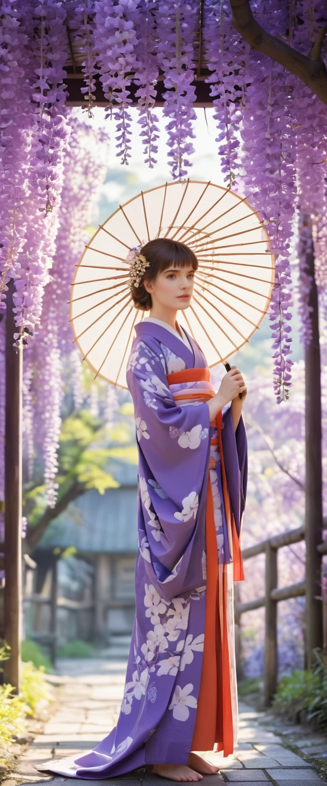 Anime girl in kimono under hanging wisteria flowers