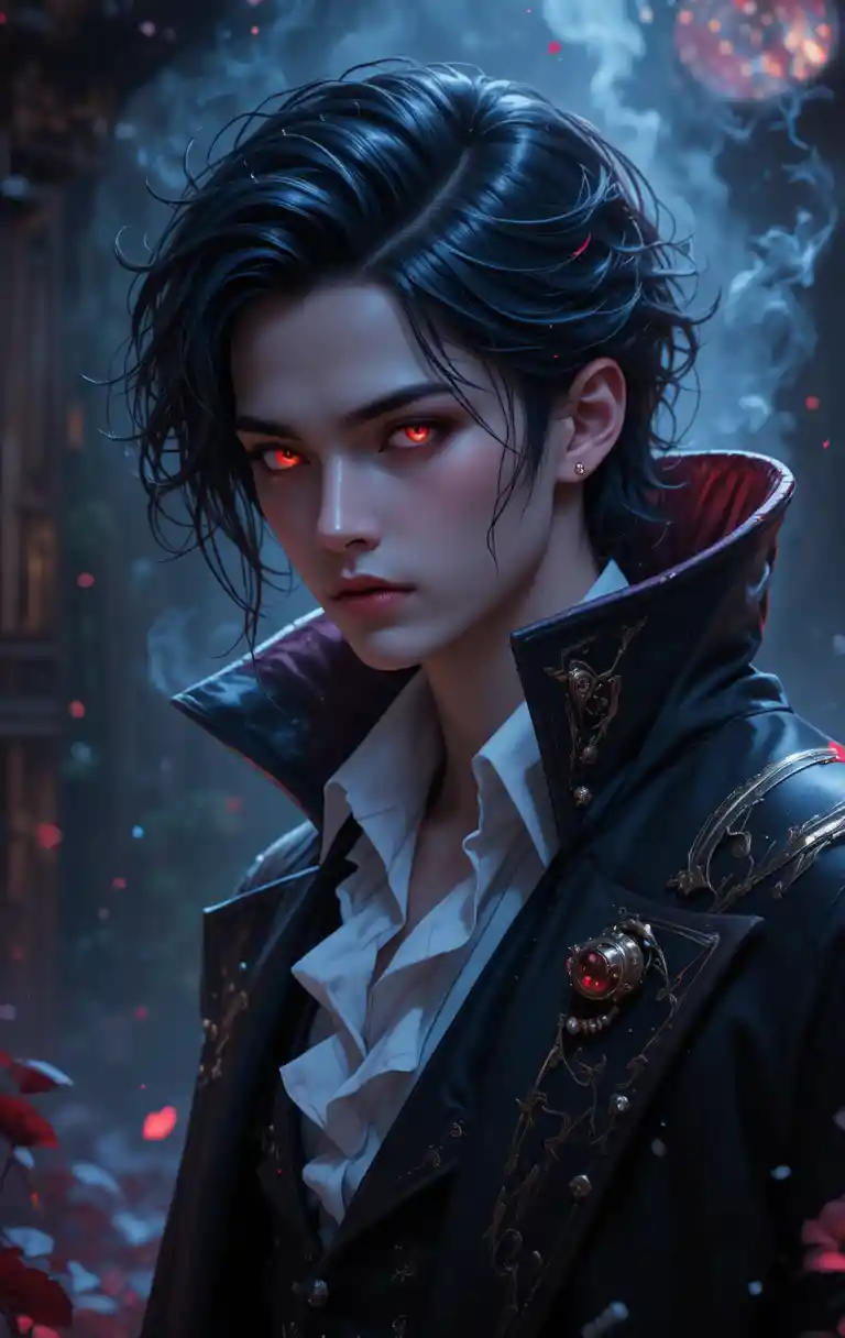 Joven príncipe vampiro con ojos rubí en estilo anime