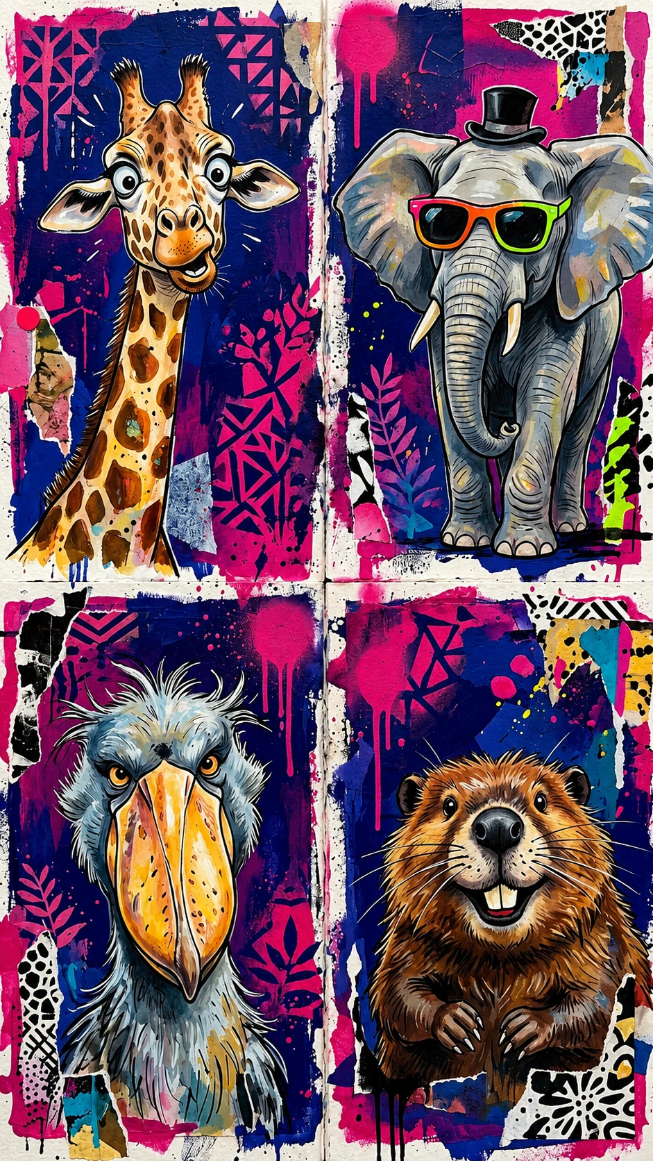 Überraschte Giraffe in verspielter Mixed-Media-Collage