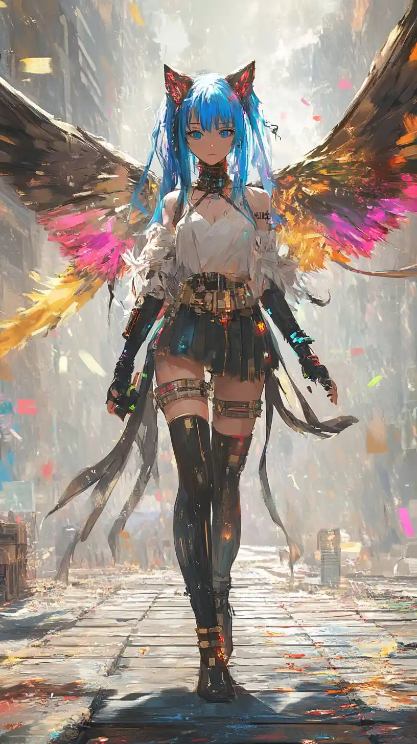 Chica de anime de cabello azul con traje futurista y flechas