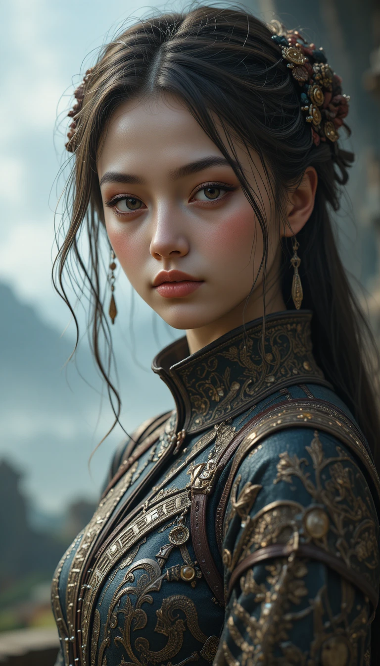 精巧な衣装の少女が佇むリアルなファンタジー世界