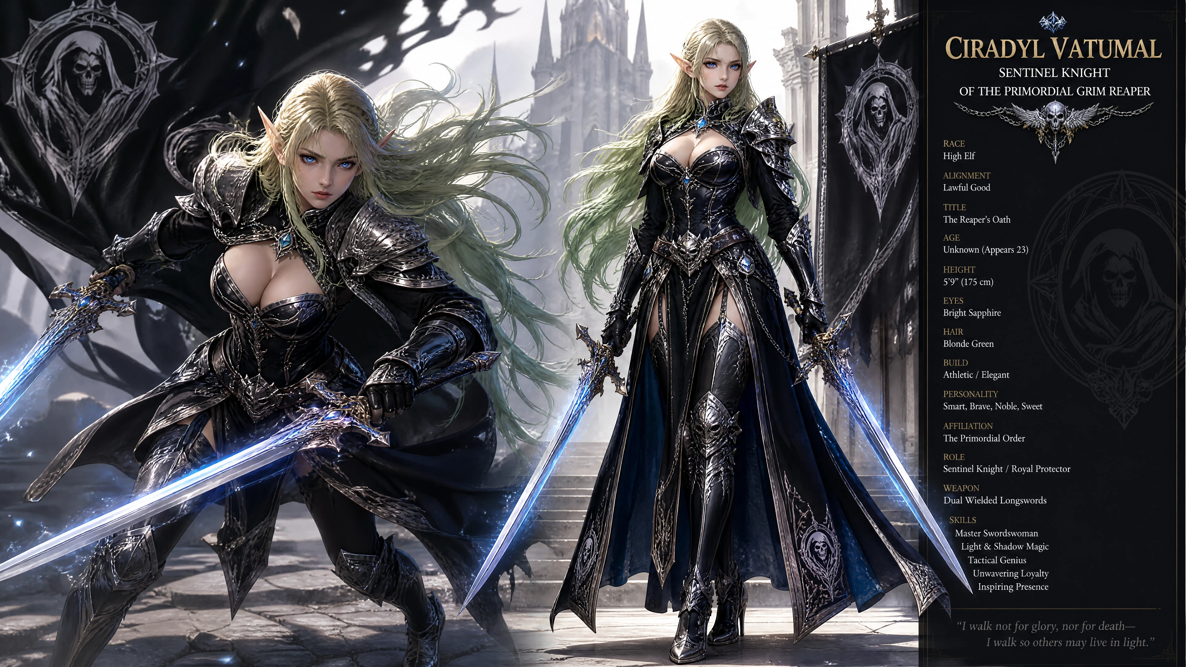 Noble guerrera elfa con armadura y dos espadas largas