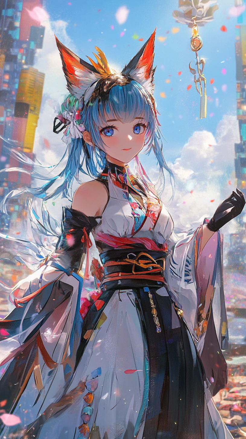 Blue haired anime girl in futuristic outfit with arrows