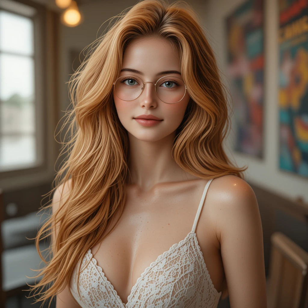 Chica pelirroja con gafas en un suave retrato en interiores