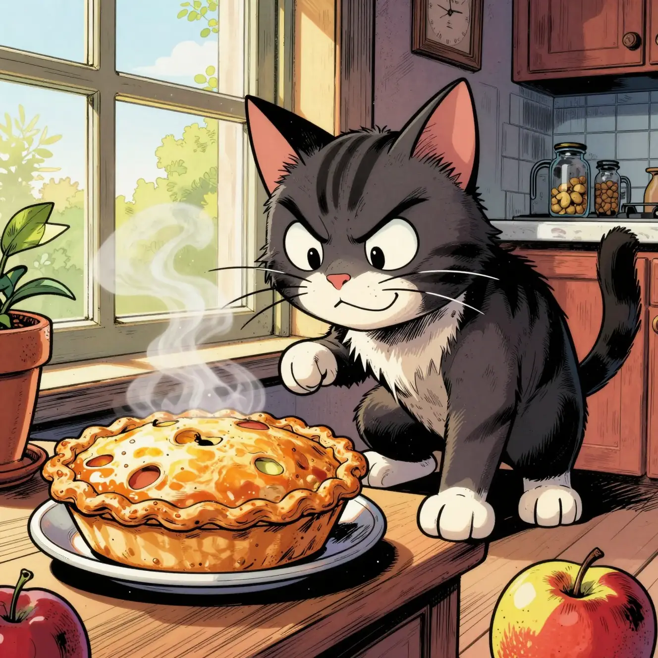 Mischievous Cat Eyeing Apple Pie On Sunny Windowsill