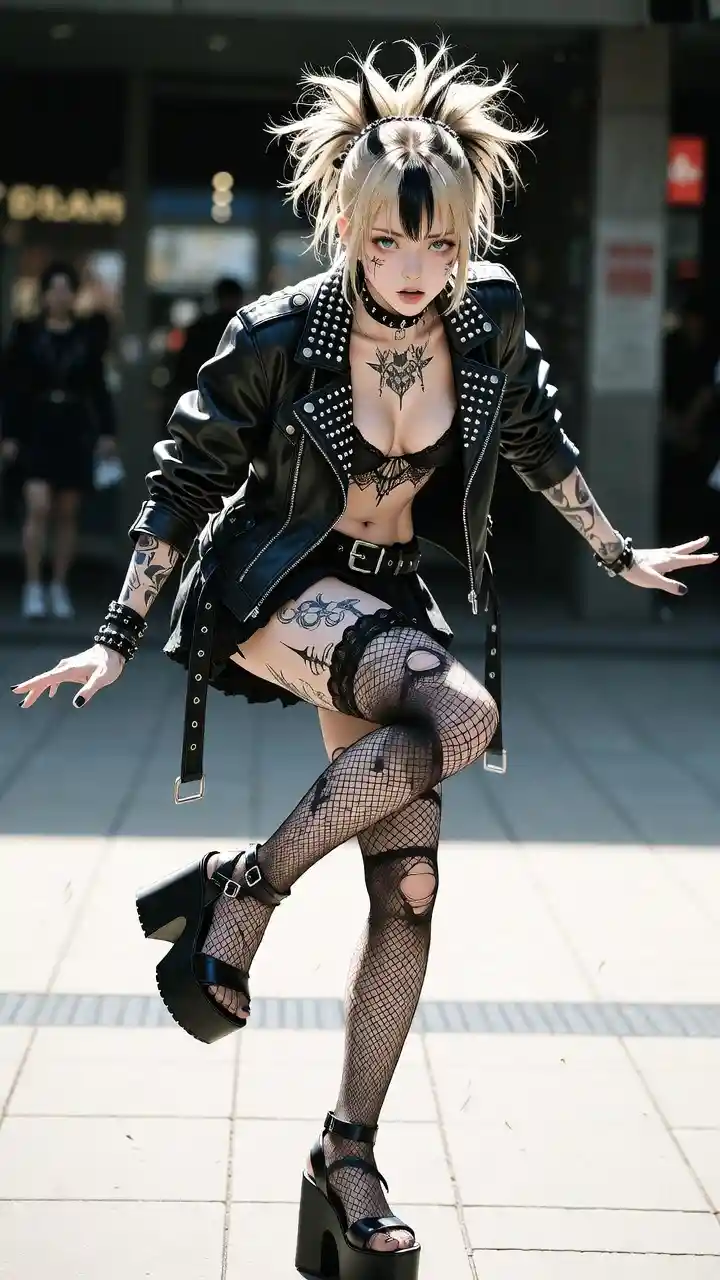 Rebellious punk goth teen girl in dramatic public scene