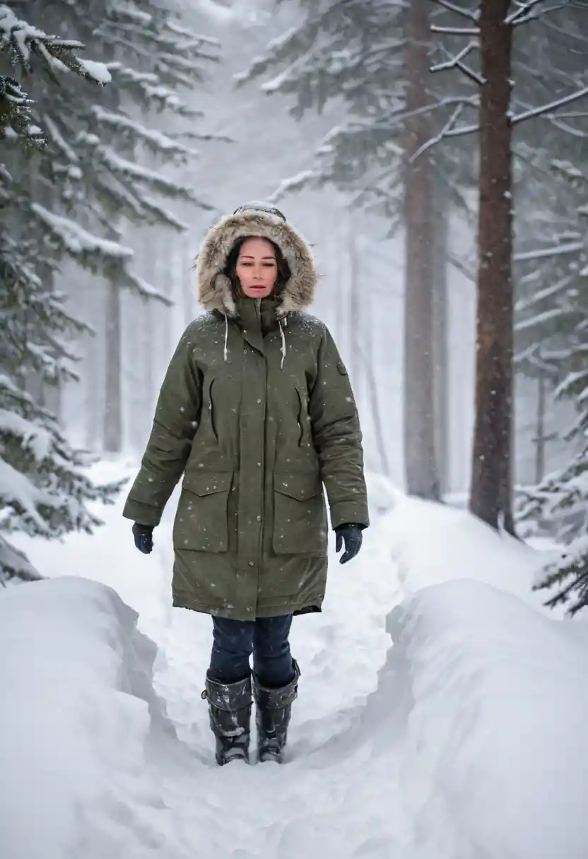 深い雪の森を歩く厚手のパーカーを着た女性