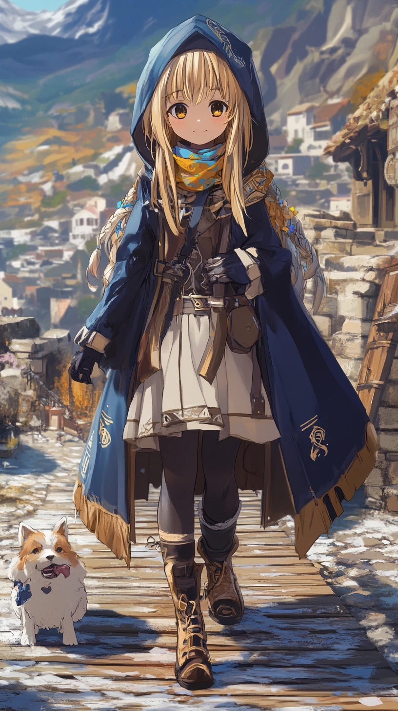 Garota de anime com casaco azul com capuz e olhar dourado marcado por cicatriz
