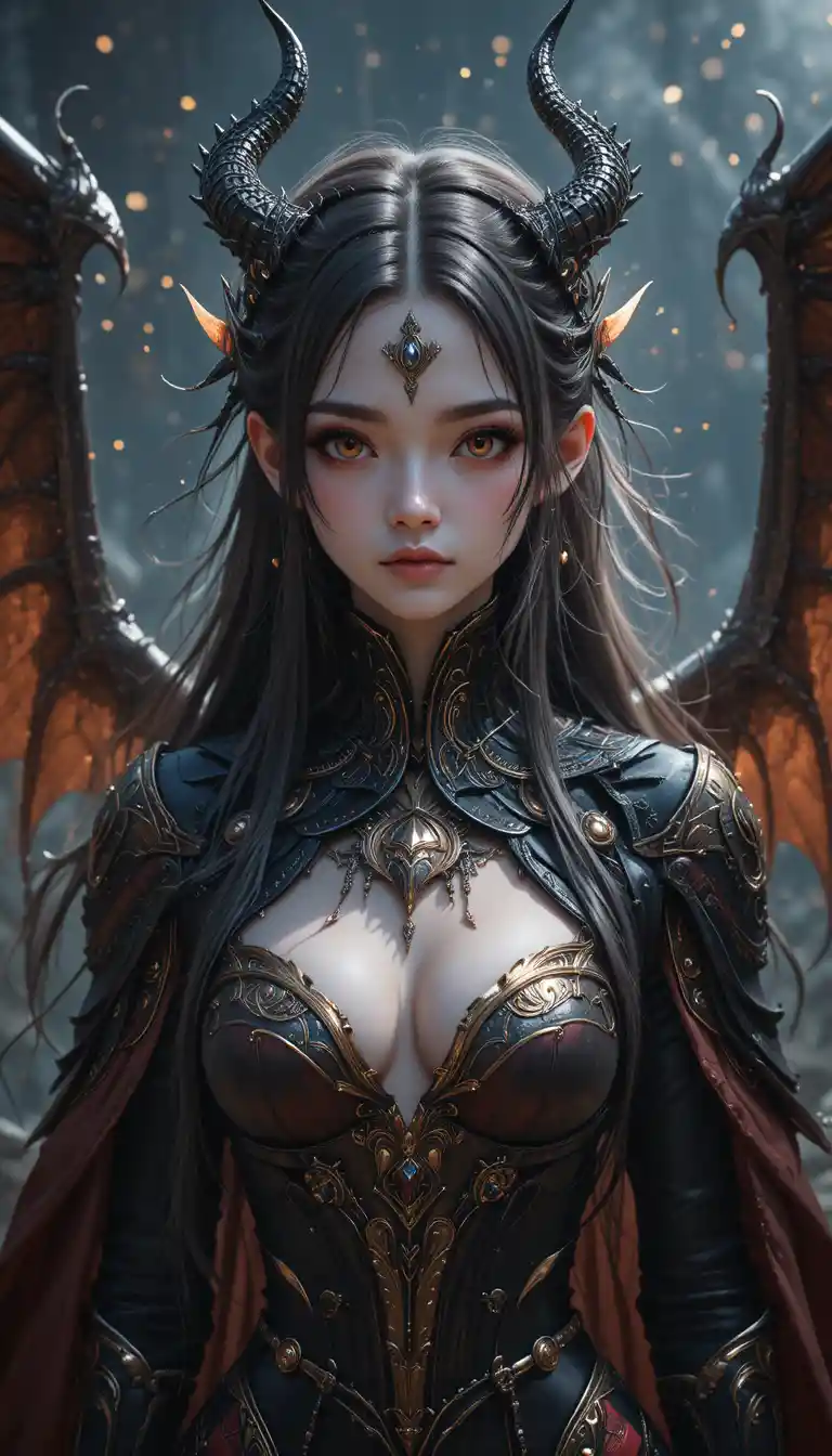 Chica de anime de alas oscuras con armadura negra y roja