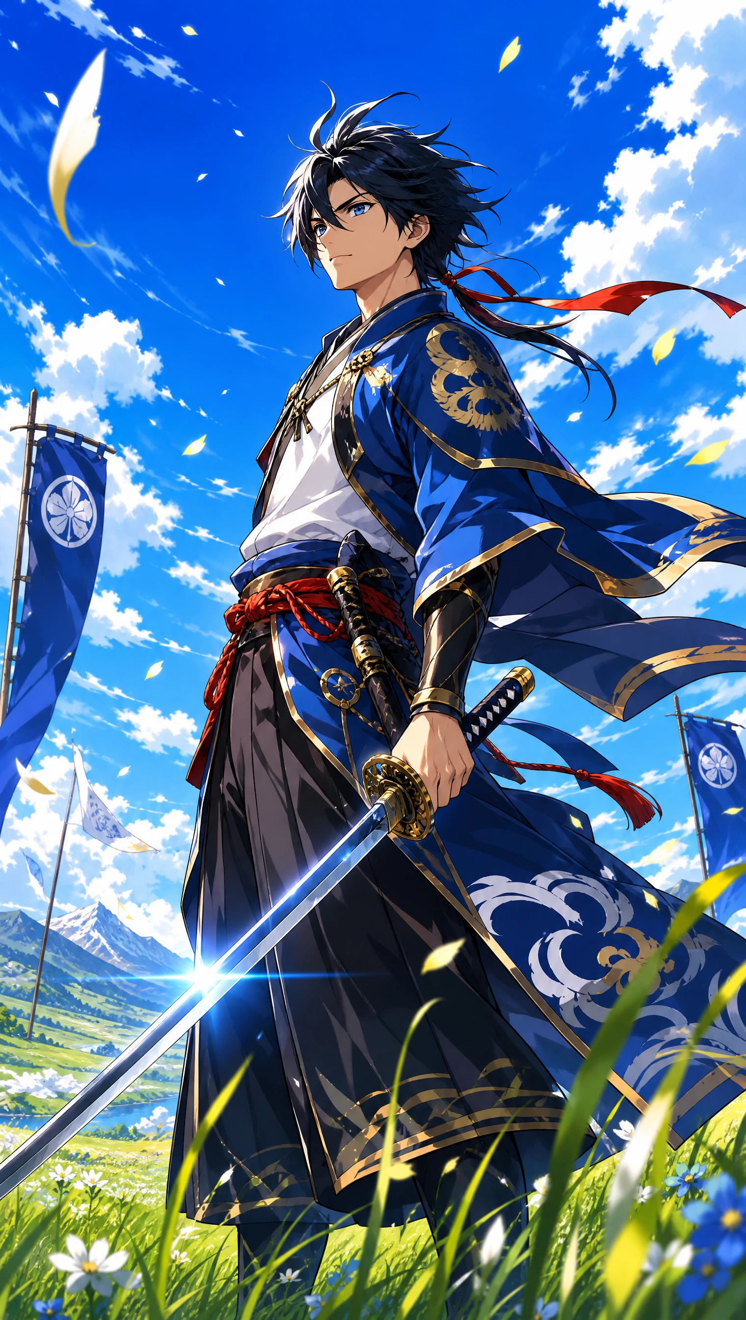 Espadachín de anime posando con confianza en un campo abierto y luminoso