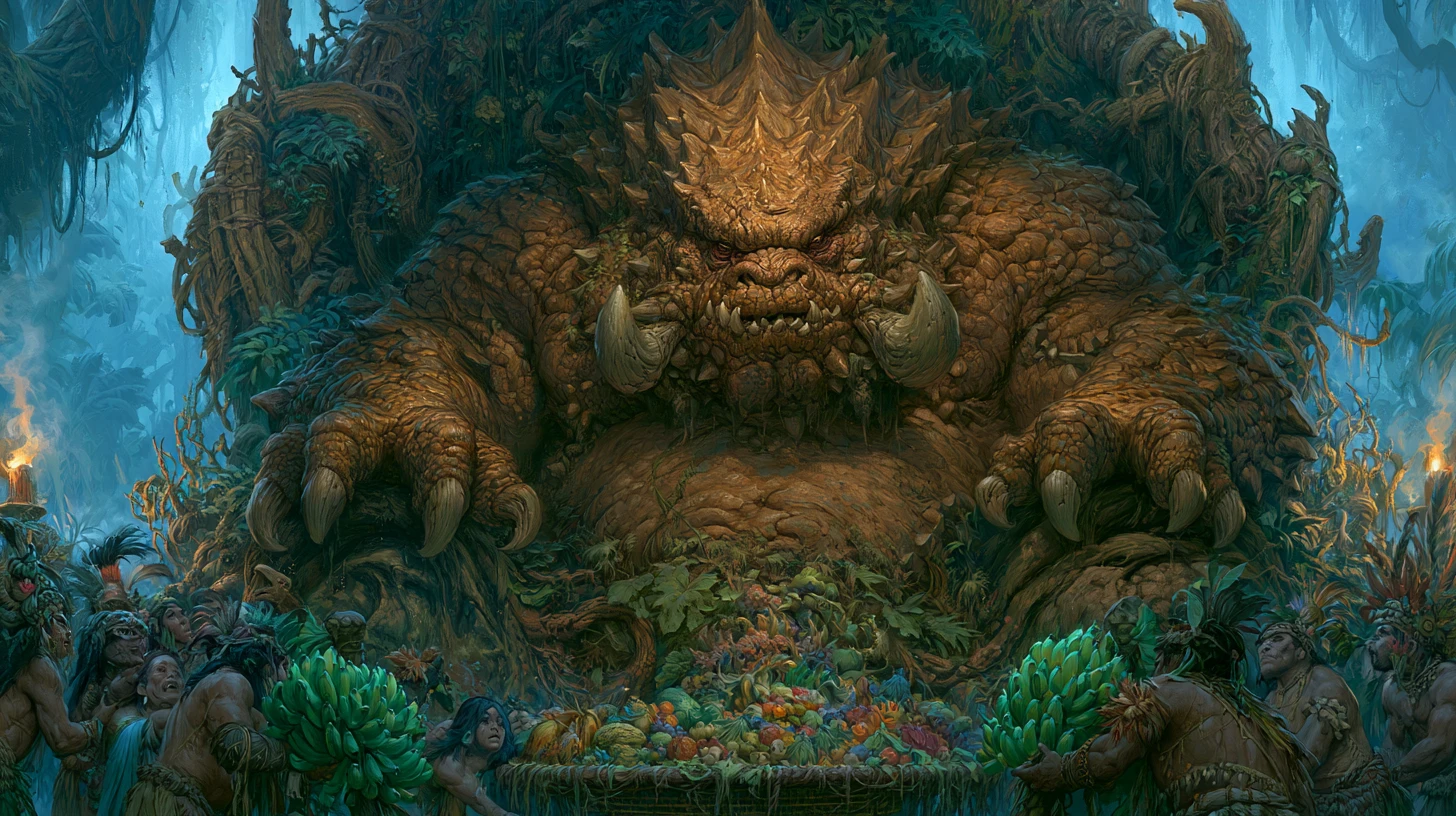 Towering jungle monster worshiped by fearful villagers
