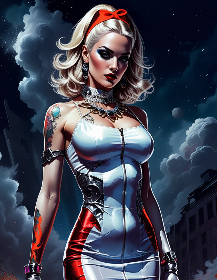 Mujer pin-up rubia atlética con vestido blanco neón de club